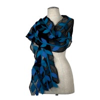 Black base Blue Dark Green and Turquoise Leaf Scarf